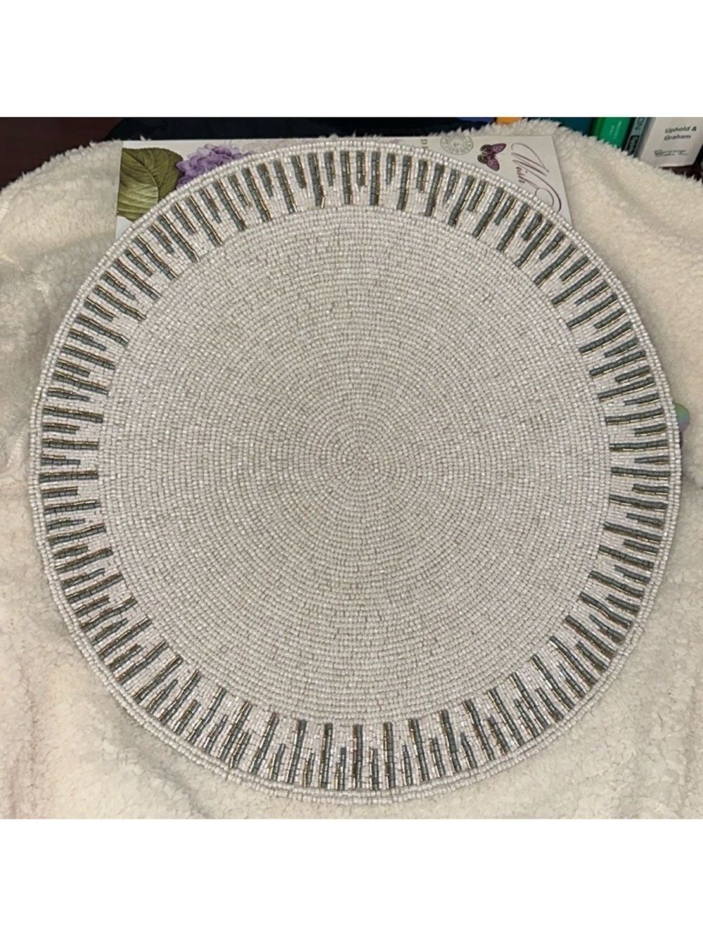 Set of 3 Evelina White Green Beaded Place Mats
